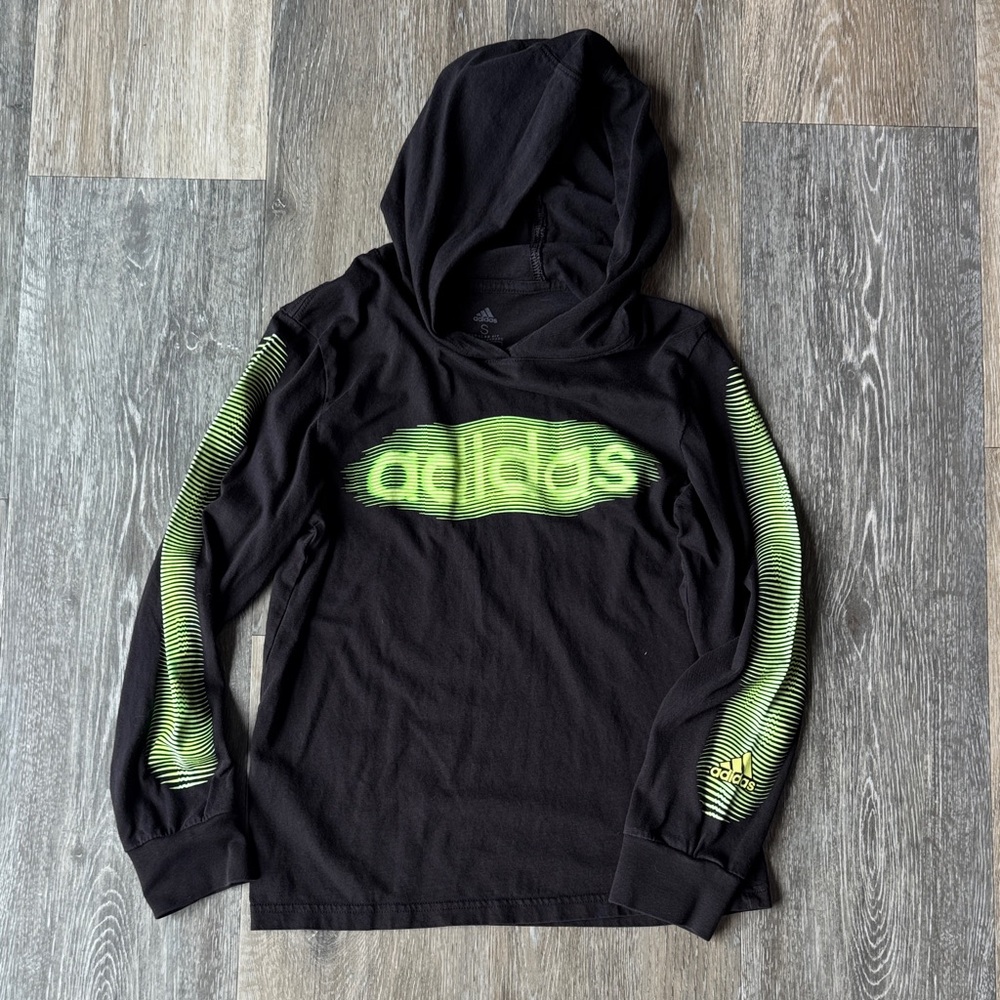 adidas Black long sleeve tshirt with Neon Green Logo and Sleeve Stripes